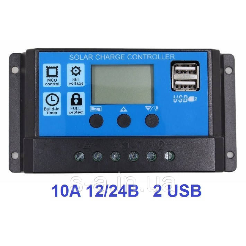 10А 12/24В Контролер заряду сонячних батарей (модулів) ШІМ (PWM) з Дисплеєм + 2USB Контролер заряду