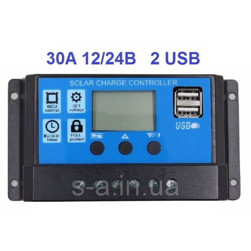 30А - 30А 12/24В Контролер заряду сонячних батарей (модулів) ШІМ (PWM) з Дисплеєм + 2USB Контролер заряду