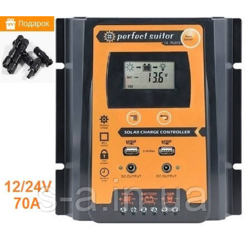 PVSC70A 70А 12/24В Контролер заряду сонячних батарей (модулів) з Дисплеєм + 2USB Контролер заряду