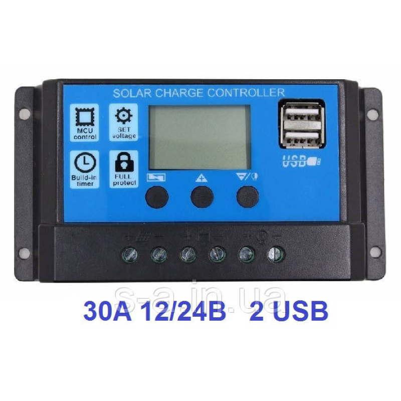 30А 12/24В Контролер заряду сонячних батарей (модулів) ШІМ (PWM) з Дисплеєм + 2USB