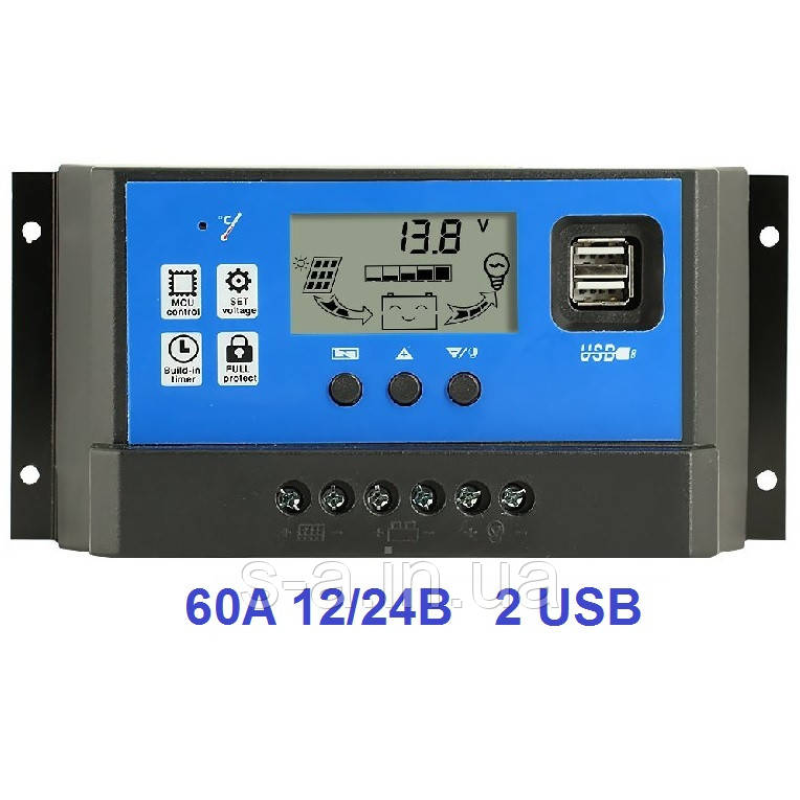 60А 12/24В 60А Контролер заряду АКБ від сонячних батарей (модулів) ШІМ (PWM) з Дисплеєм+2USB Контролер заряду
