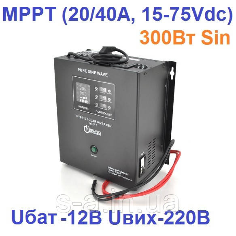 Сонячний інвертор настінний Europower RTSWm-MPPT-500LCD, 300W, 12 V, струм заряду 20/40A, 140-275V, MPPT