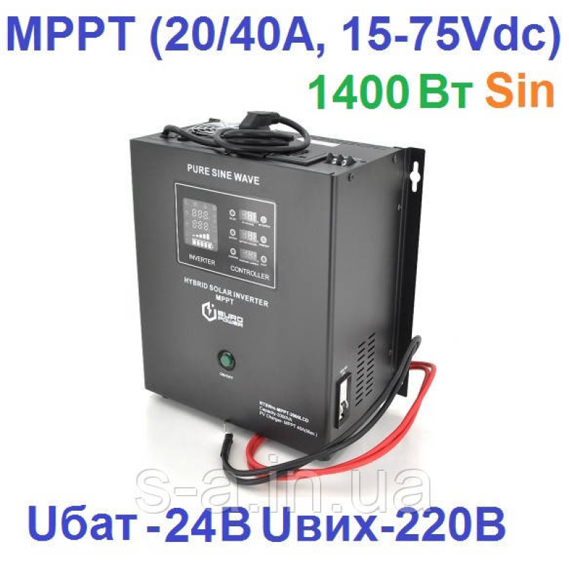 Сонячний інвертор настінний Europower RTSWm-MPPT-2000LCD, 1400W, 24V, струм заряду 20/40A, 140-275V, MPPT