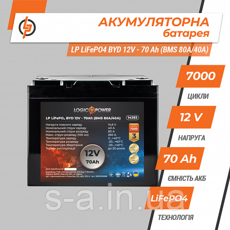 Акумулятор LP LiFePO4 BYD 12 V — 70 Ah (BMS 80A/40А) пластик